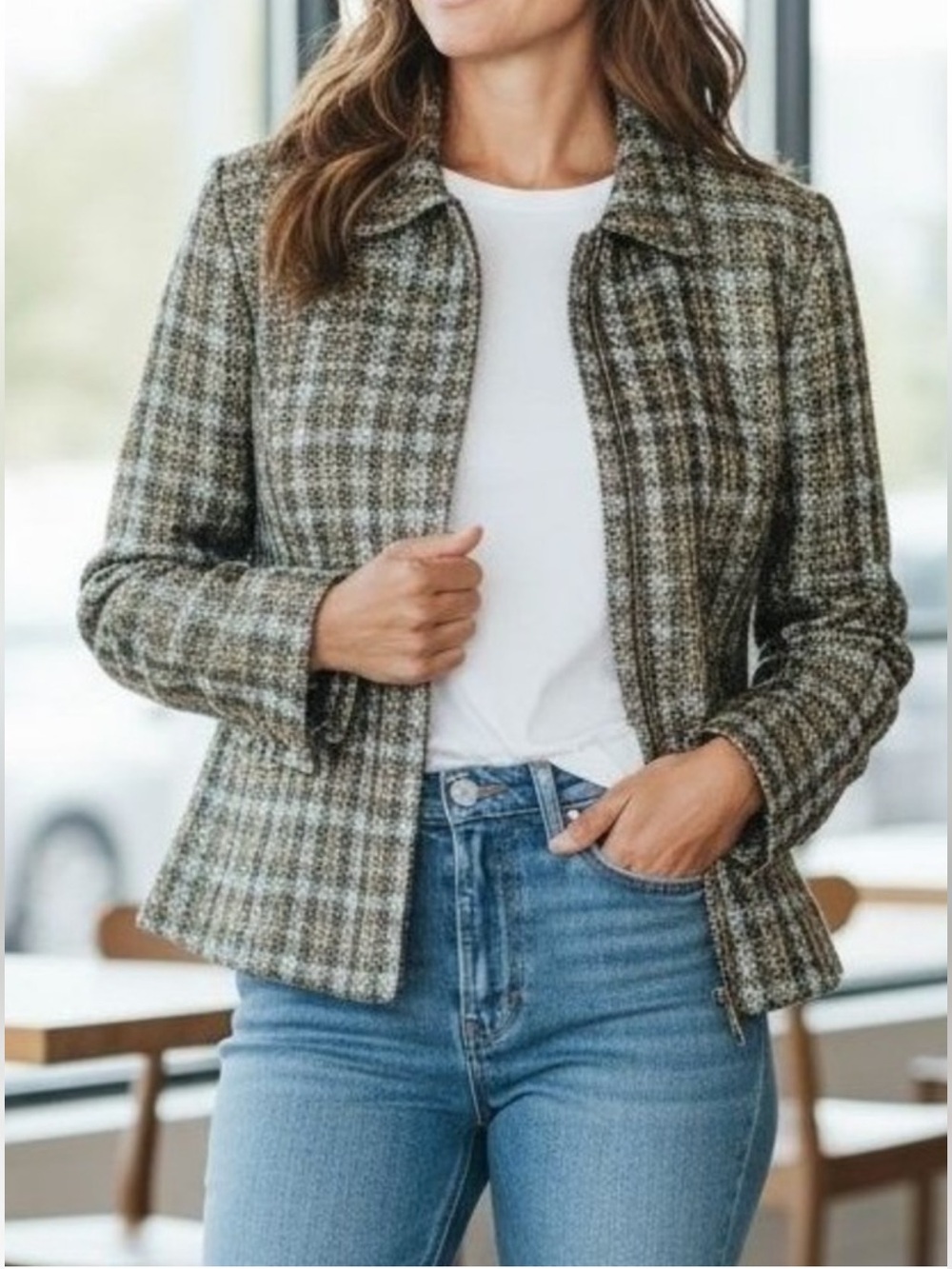 Chicos Gold Blue Metallic Tweed Zip Front Jacket Blazer SZ 2/L